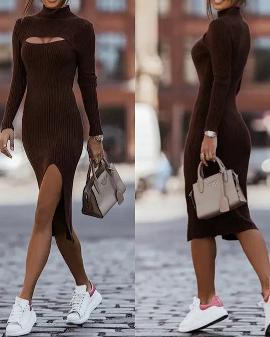 Chocolate Ribbed Knit Midi Dress