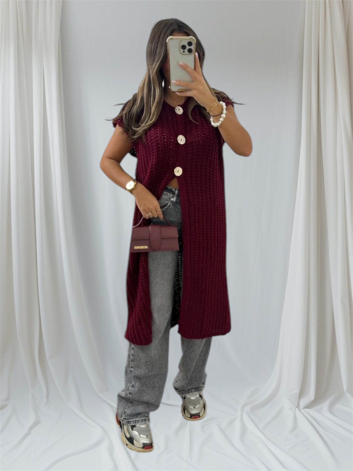 Wine Knit Sleeveless Cardigan