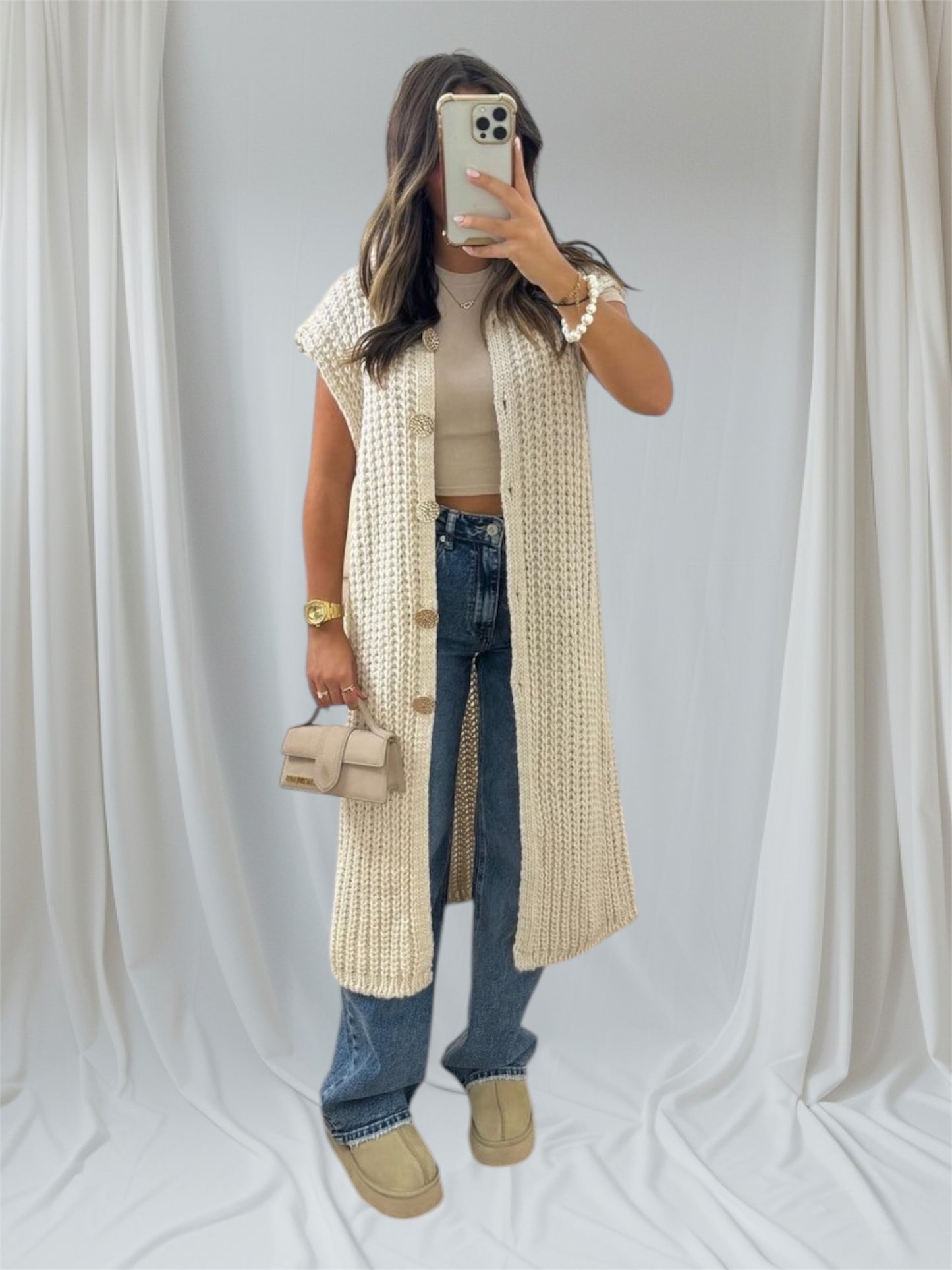 Beige Knit Sleeveless Cardigan