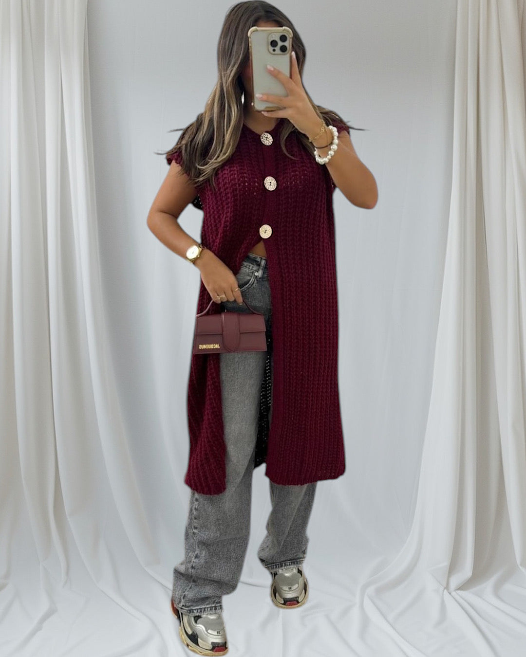 Wine Knit Sleeveless Cardigan