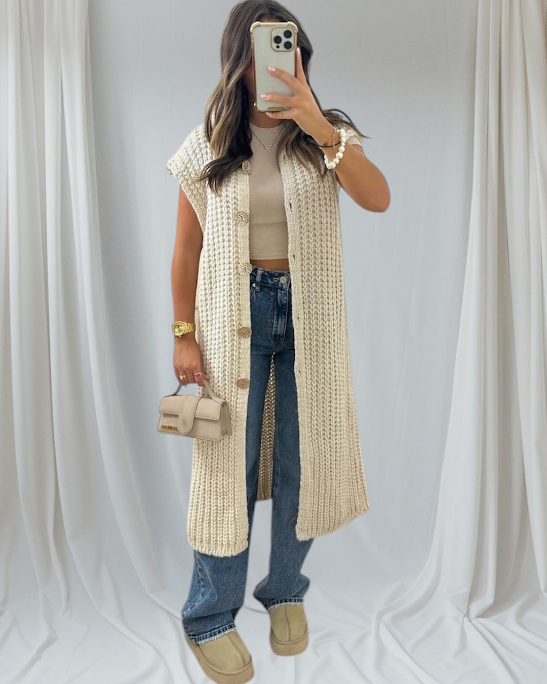 Beige Knit Sleeveless Cardigan