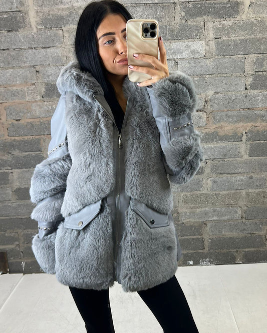 Hooded Grey Faux Fur Jacket