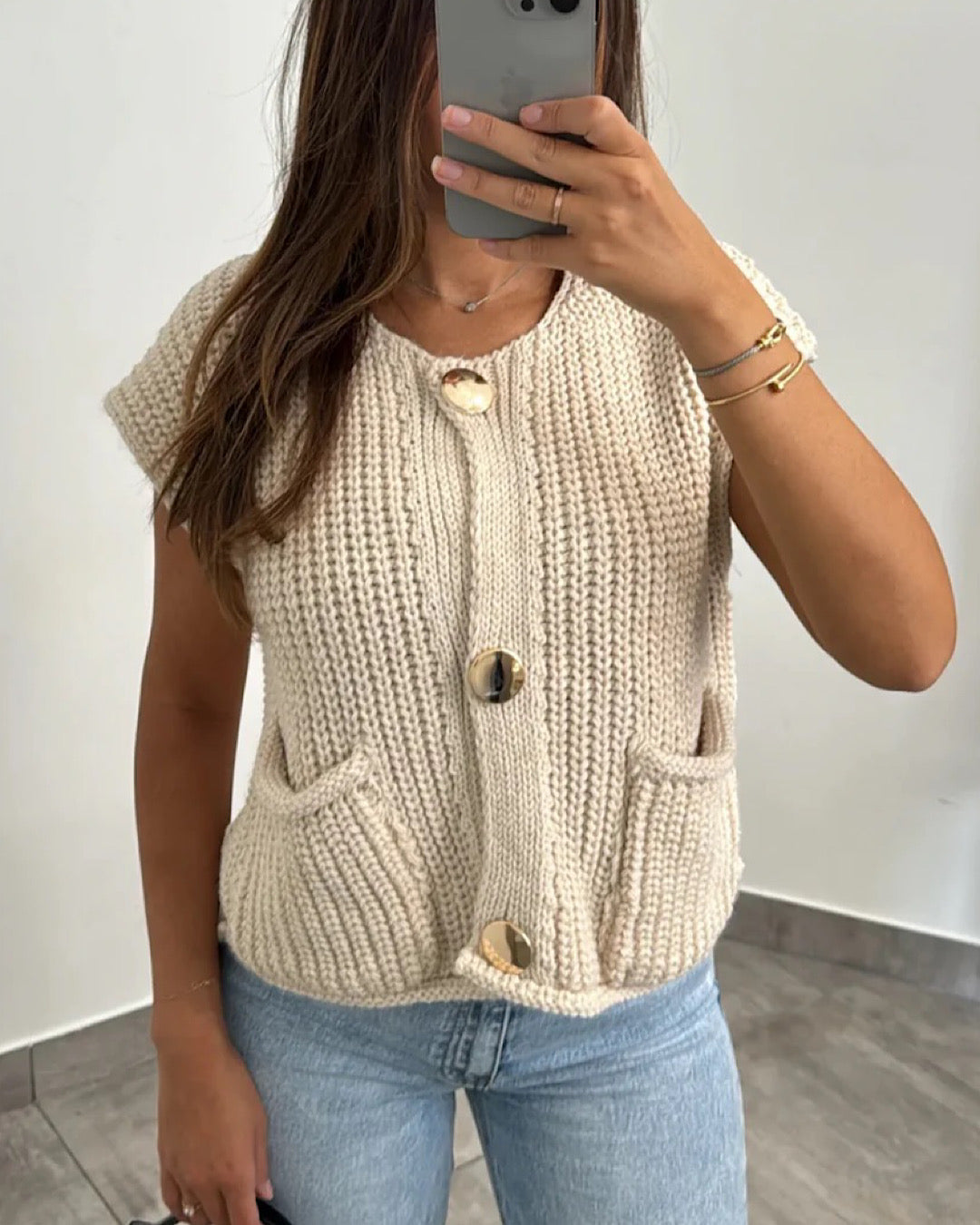 Sleeveless Beige Knit Top with Gold Buttons