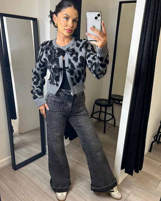 Grey Black Leopard Bow Tie Cardigan