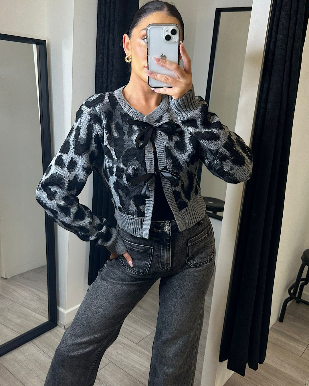 Grey Black Leopard Bow Tie Cardigan