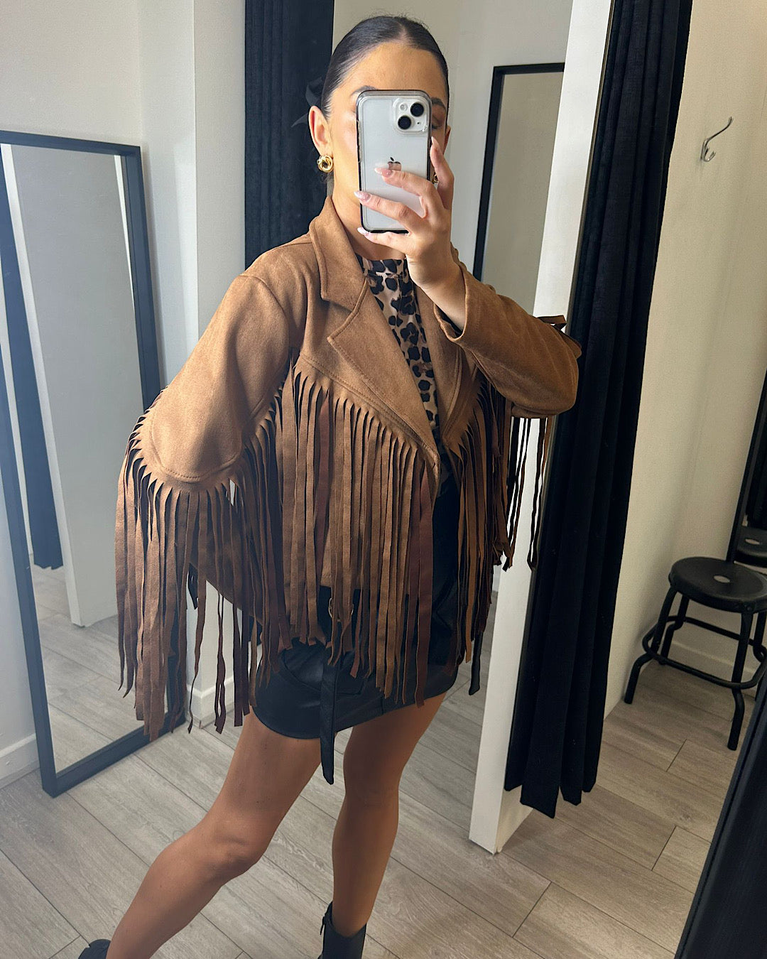 Brown Faux Suede Fringe Jacket