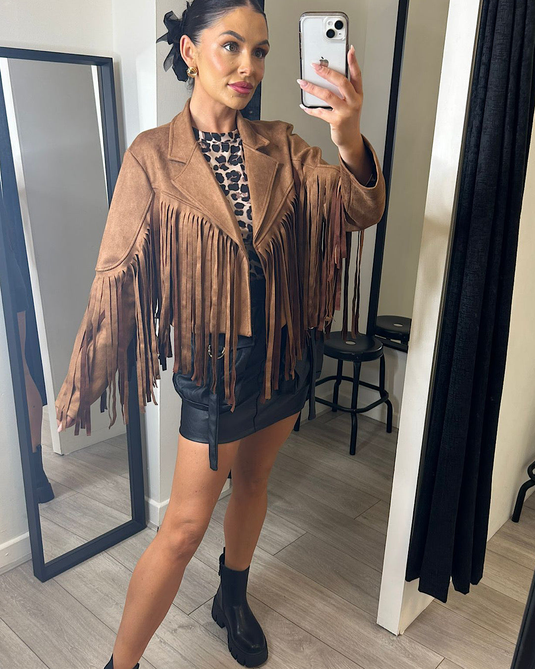 Brown Faux Suede Fringe Jacket