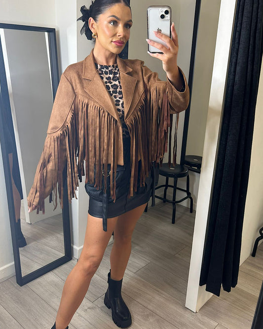Brown Faux Suede Fringe Jacket