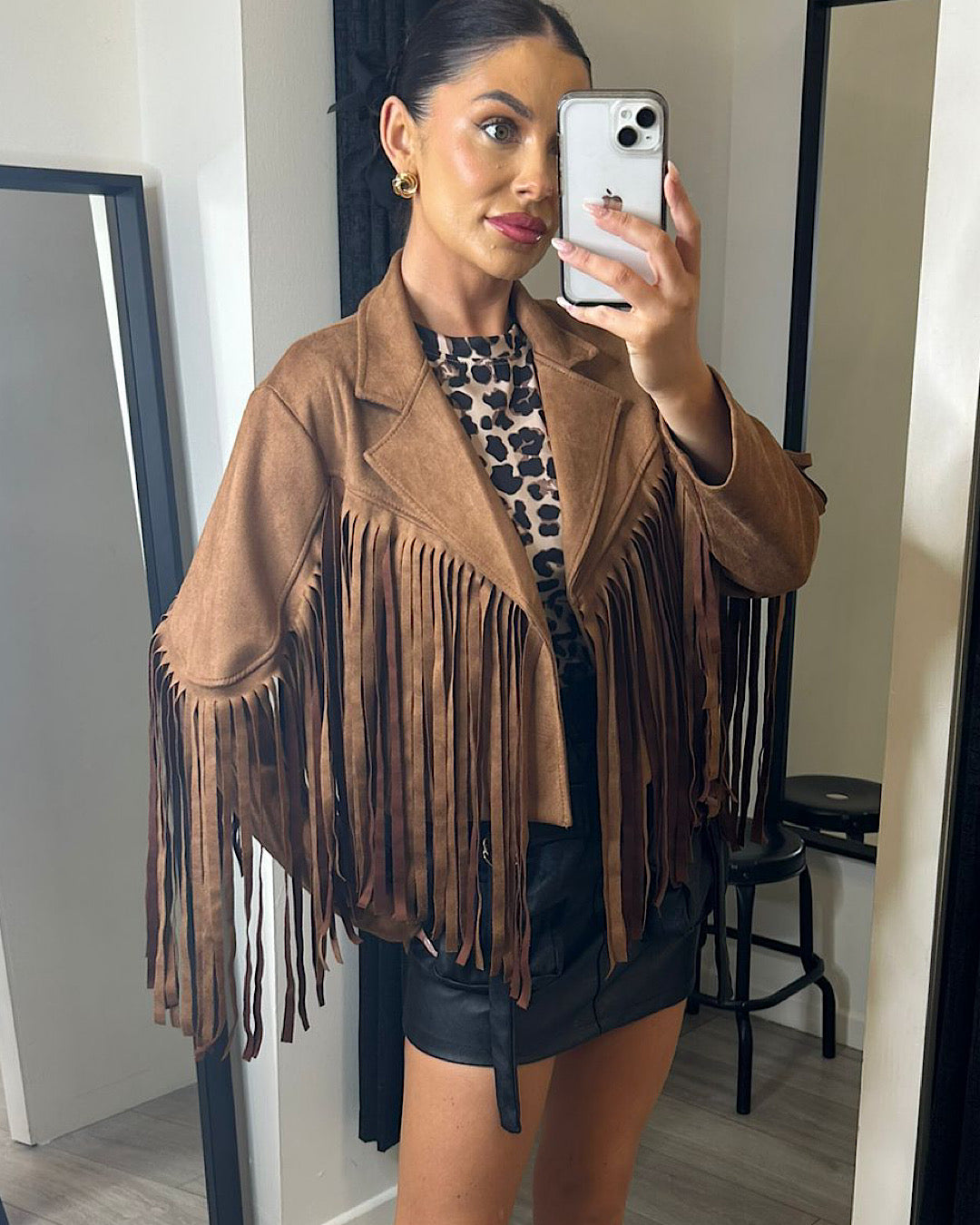 Brown Faux Suede Fringe Jacket