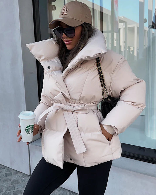 Beige Belted Puffer Coat