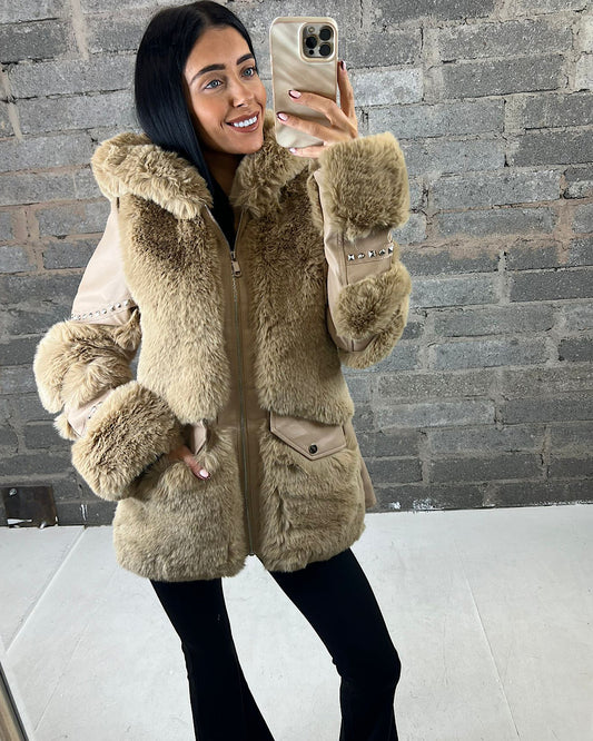 Hooded Camel Faux Fur Jacket