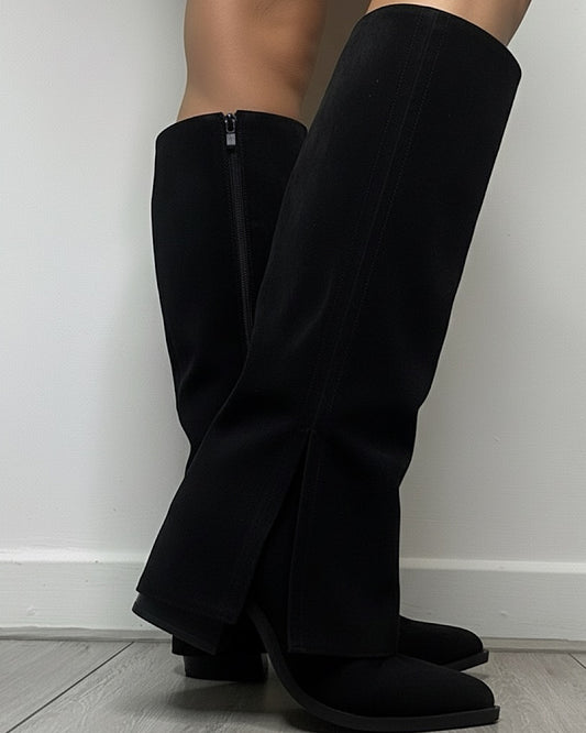 Black Faux Suede Knee Boots