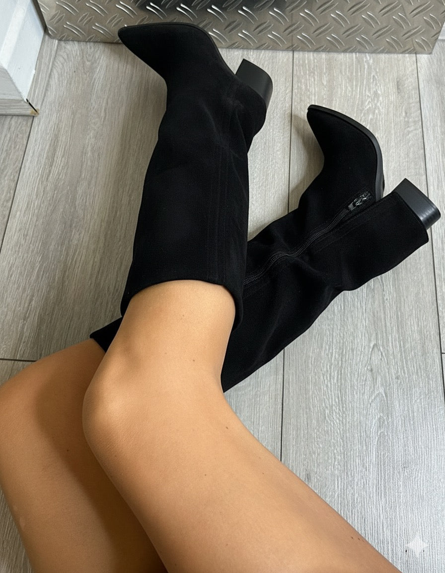 Black Faux Suede Knee Boots