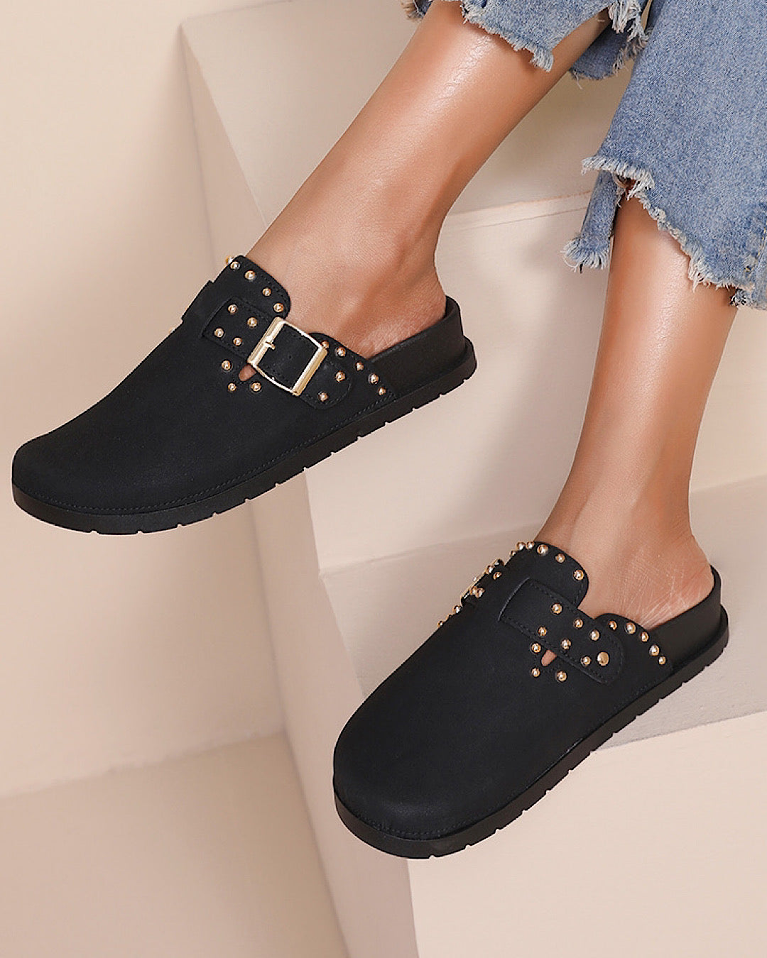 Black Studded Faux Suede Clogs