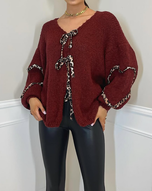 Burgundy Leopard Bow Cardigan