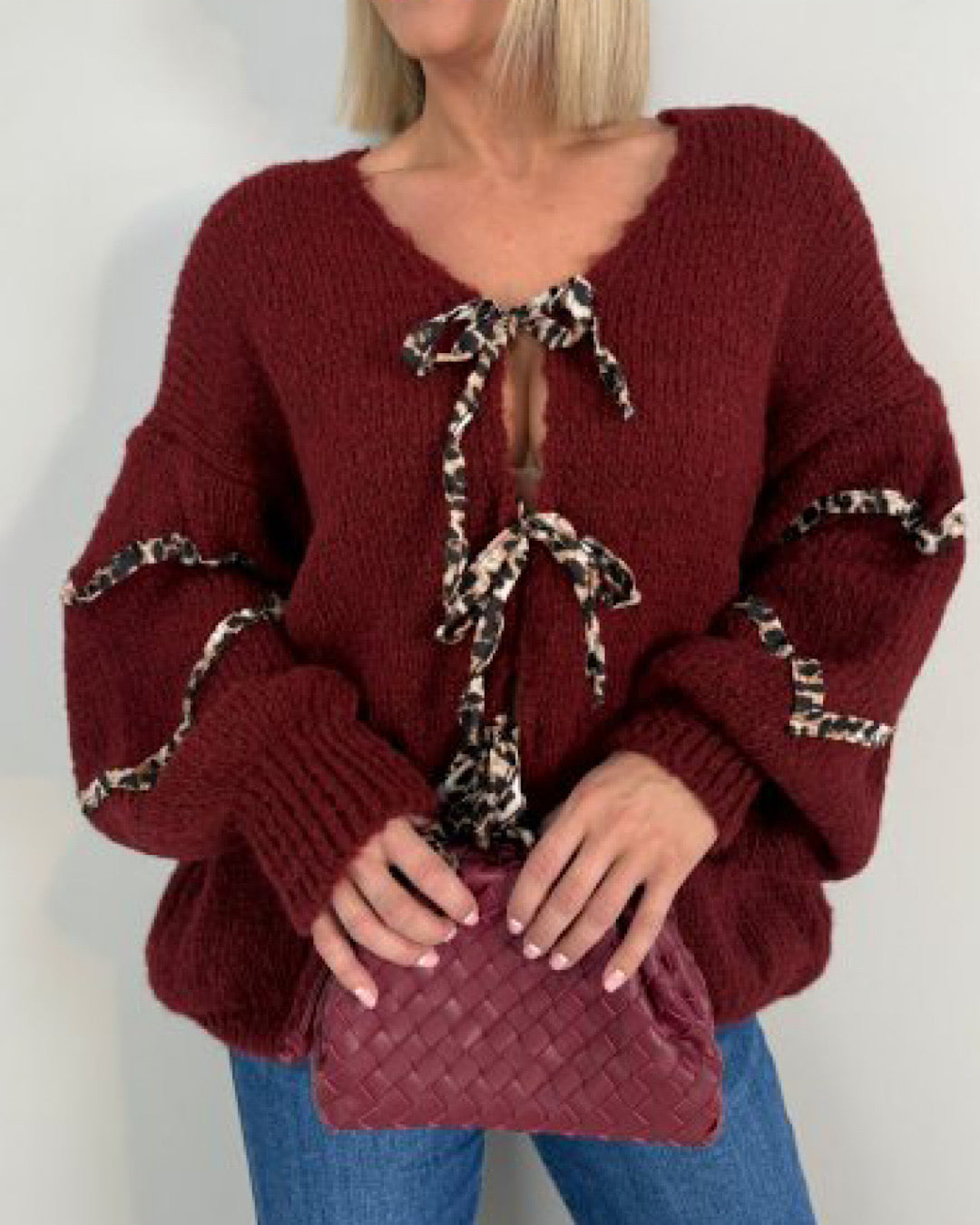 Burgundy Leopard Bow Cardigan