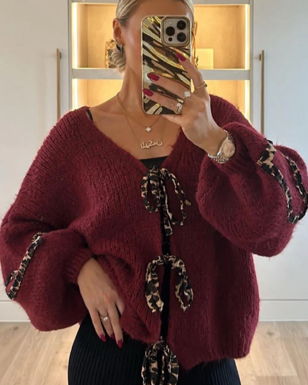 Burgundy Leopard Bow Cardigan