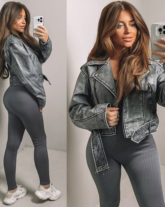 Grey Faux Leather Biker Jacket