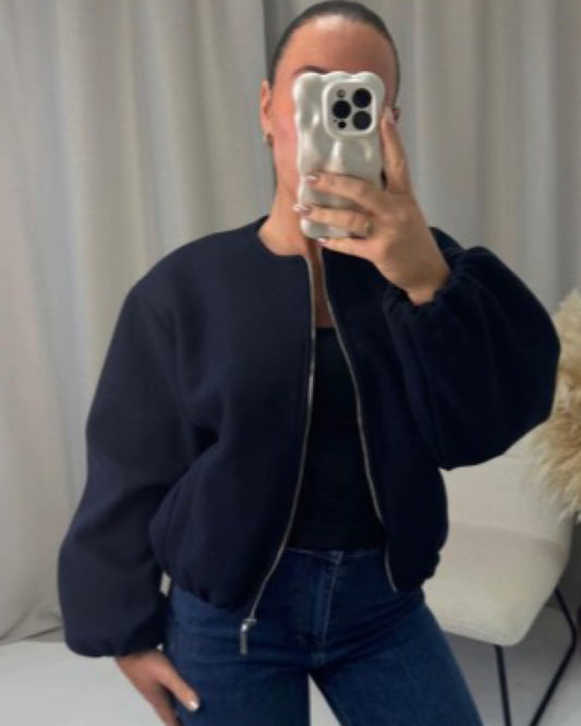Black Balloon Sleeve Ruched Bomber Jacket