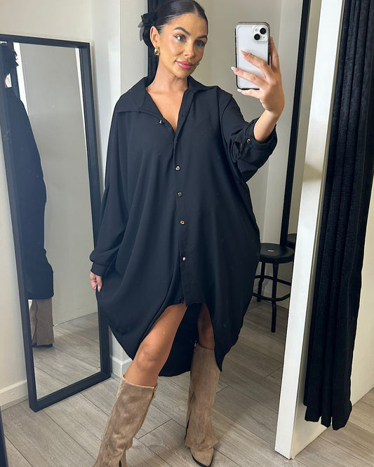 Batwing Oversized Black Shirt Dress
