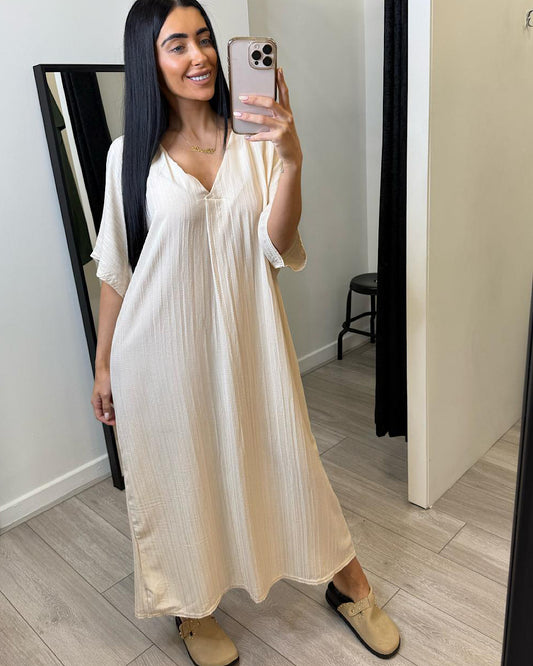 Beige Oversized V Neck Maxi Dress