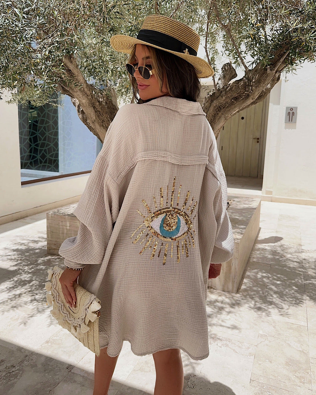 Beige Oversized Glitter Eye Shirt