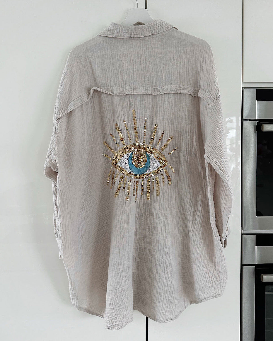 Beige Oversized Glitter Eye Shirt