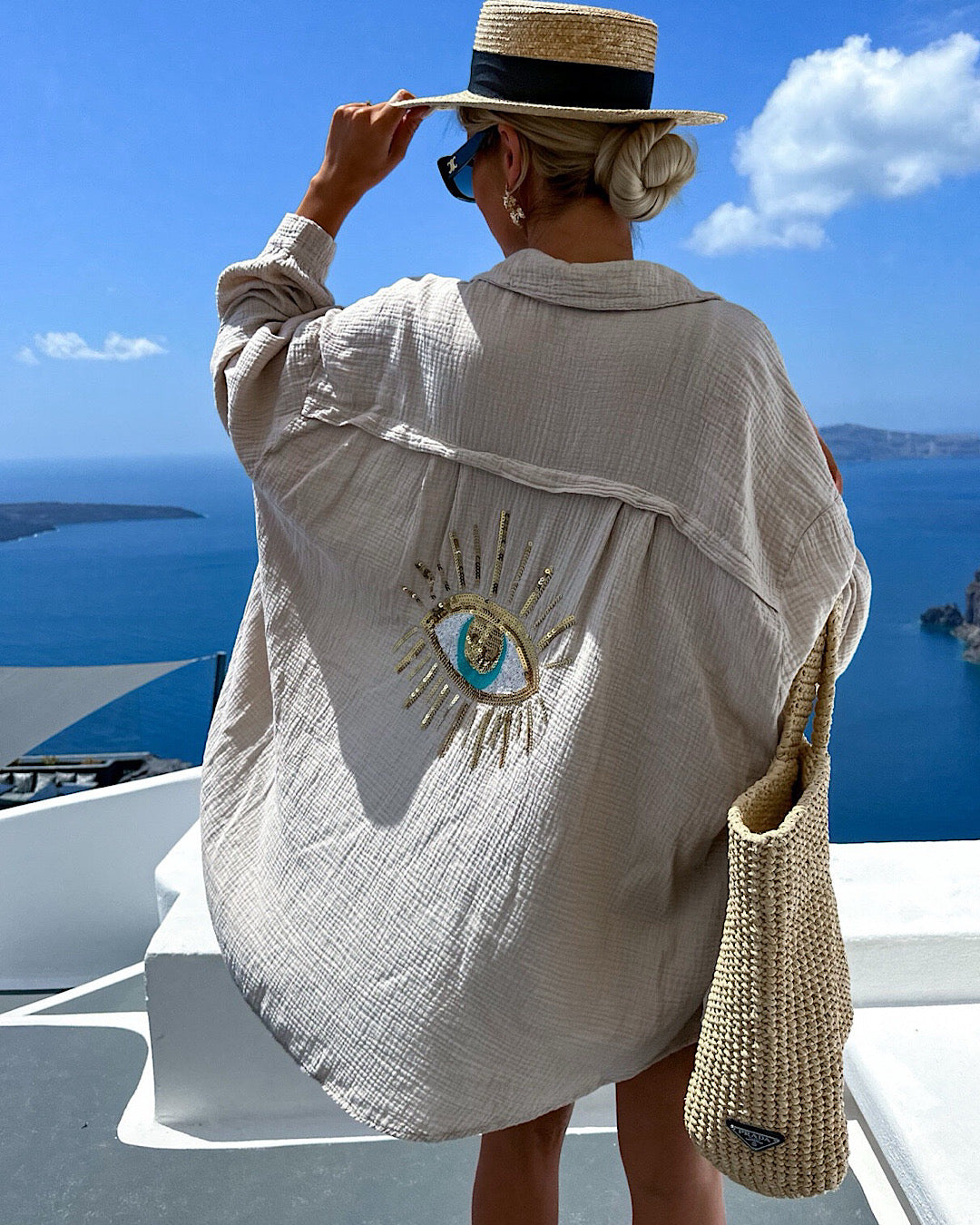 Beige Oversized Glitter Eye Shirt