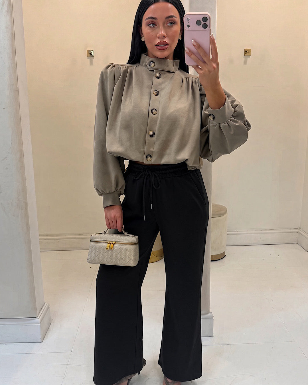 Taupe High Neck Button Top