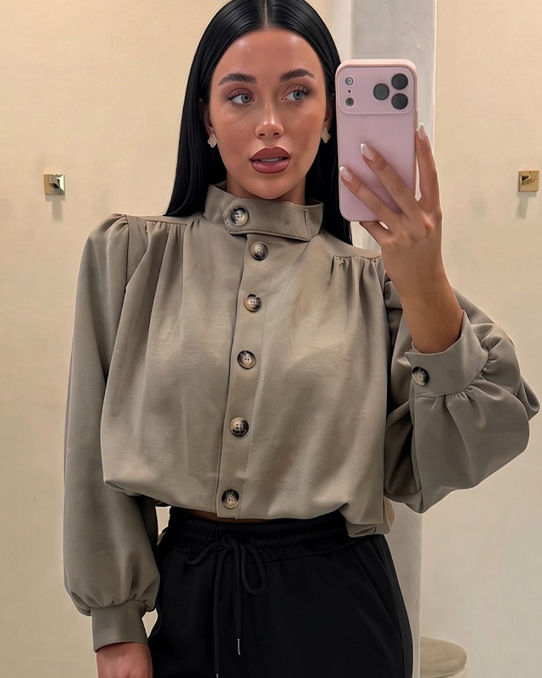 Taupe High Neck Button Top