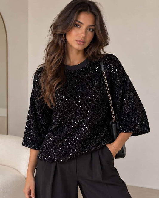 Black Oversized Sequin Top