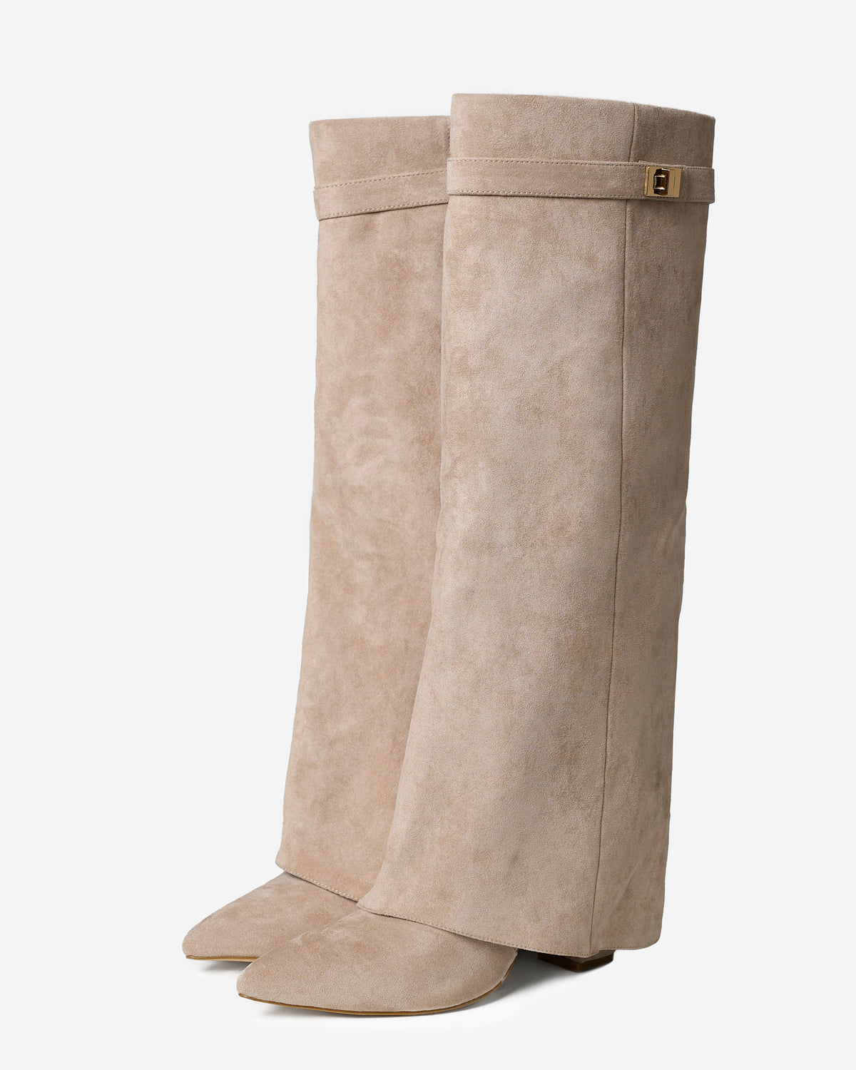 Beige Faux Suede Buckle Knee Boots