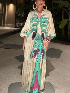 Elegant Printed Tassel Bat Sleeve Splicing Maxi Dress Women Square Collar Lantern Sleeves Dresses Female Beach Vacation Vestidos