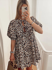 Leopard Print Bow Lace Up Mini Dress