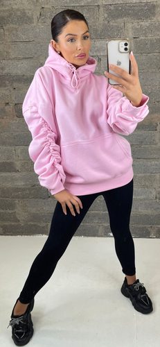 Pink Ruched Sleeve Hoody