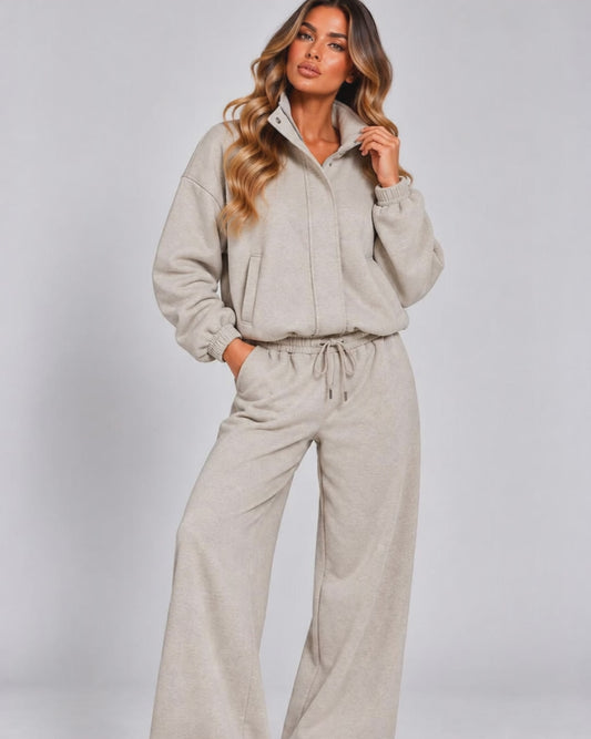 Beige Funnel Neck Zip Suit